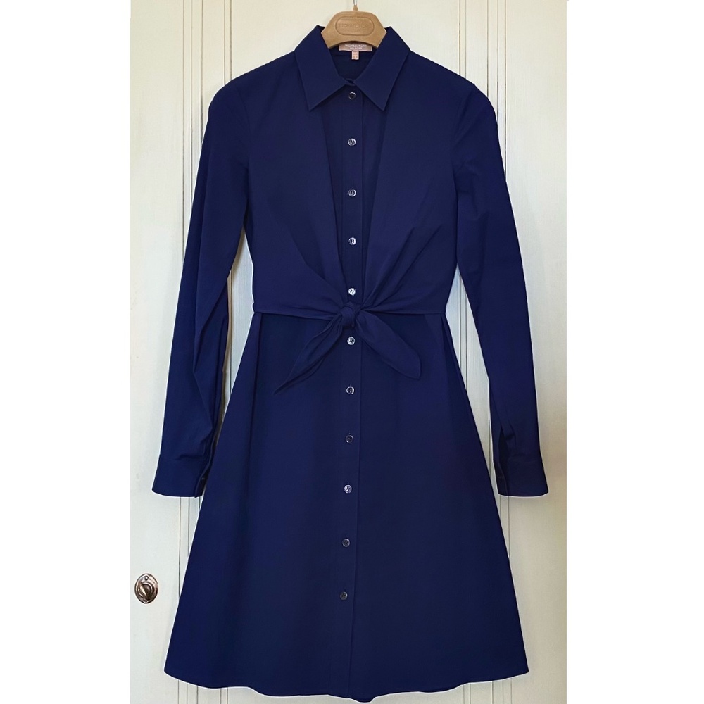 Michael Kors Collection Marine Blue Stretch Cotton Tie Waist Shirtdress *EUC*